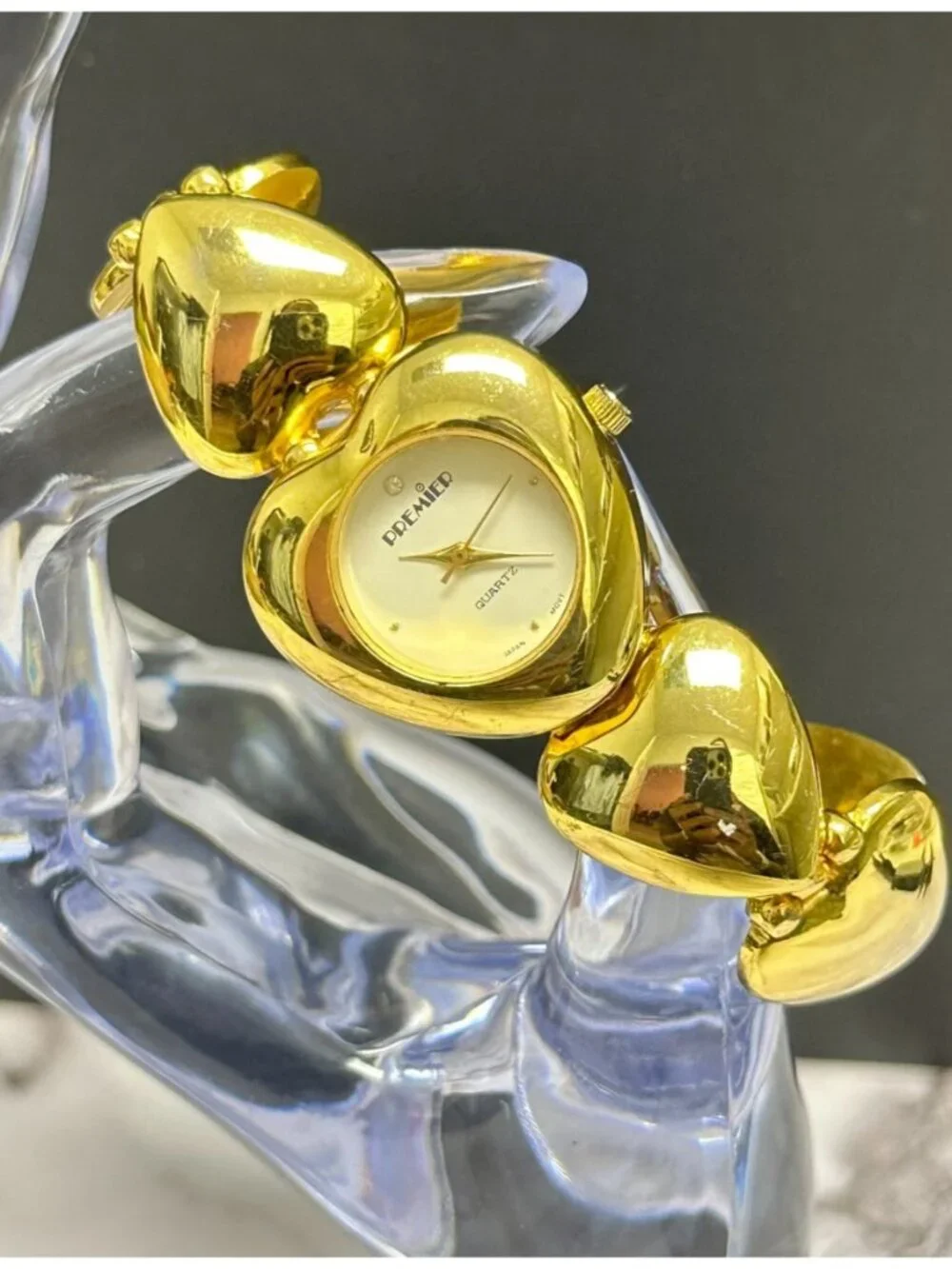 Vintage Heart Watch Women Gold Tone White Dial Chunky Statement 6.75